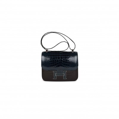 HERMES CONSTANCE 24 TRI-COLOR BLACK, BLEU BALTIQUE AND VERT ROUSSEAU SHINY ALLIGATOR PALLADIUM HARDWARE (24cm)