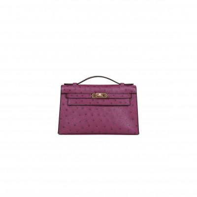 HERMES KELLY POCHETTE ANEMONE OSTRICH PERMABRASS HARDWARE  (22*12*13cm)