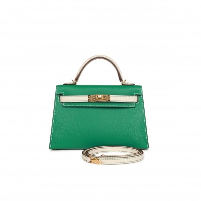 HERMES SPECIAL ORDER (HSS) KELLY MINI SELLIER 20 VERT JADE AND CRAIE EPSOM GOLD HARDWARE (19*12*5.5cm)