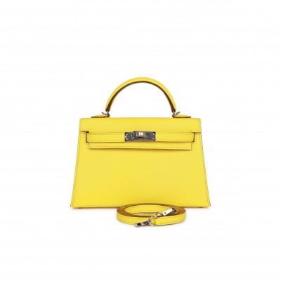 HERMES MINI KELLY SELLIER 20 JAUNE CITRON CHÈVRE PALLADIUM HARDWARE (19*12*5.5cm)
