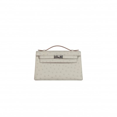 HERMES MINI KELLY POCHETTE GRIS PERLE OSTRICH PALLADIUM HARDWARE  (22*14*7cm)