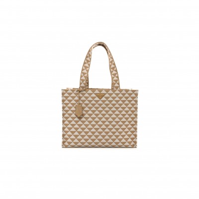 PRADA FABRIC EMBROIDERED SAFFIANO LARGE SYMBOLE TOTE BLACK BEIGE (43*31*20cm)