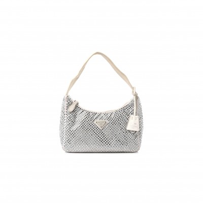 PRADA SATIN CRYSTAL MINI RE-EDITION BAG WHITE (23*16*8cm)