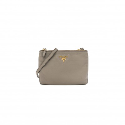PRADA VITELLO DAINO DOUBLE ZIP CROSSBODY BAG ARGILLA (24*17*2cm)