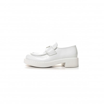 PRADA SPAZZOLATO METAL TRIANGLE LOGO 50MM LOAFERS 39.5 WHITE