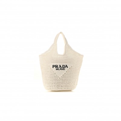 PRADA RAFFIA EMBROIDERED LOGO SHOPPING TOTE BAG BIANCO (42*32*15cm)