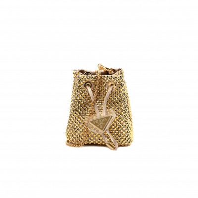 PRADA SATIN CRYSTAL DRAWSTRING MINI POUCH PLATINO (9*9*6cm)