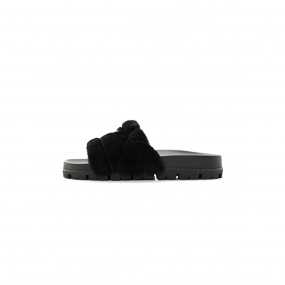 PRADA SHEARLING METAL TRIANGLE LOGO LUG SOLE 20MM SLIDE SANDALS 41 BLACK