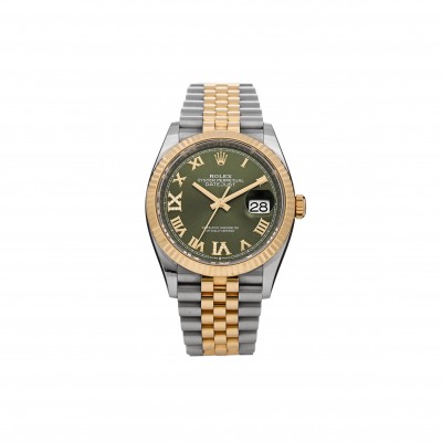 ROLEX STAINLESS STEEL 18K YELLOW GOLD DIAMOND 36MM OYSTER PERPETUAL DATEJUST WATCH OLIVE GREEN ROMAN 126233