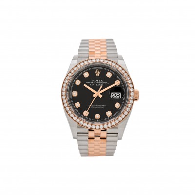 ROLEX STAINLESS STEEL 18K EVEROSE GOLD DIAMOND BEZEL 36MM OYSTER PERPETUAL DATEJUST WATCH BLACK 126281RBR