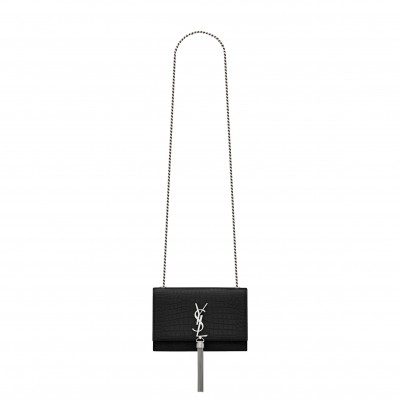 YSL KATE SMALL CHAIN BAG WITH TASSEL IN CROCODILE-EMBOSSED SHINY LEATHER 474366DND0N1000 (20*12.5*5cm)
