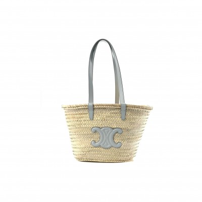 CELINE RAFFIA CALFSKIN TRIOMPHE MEDIUM PANIER SOFT BLUE (25*25*13cm)