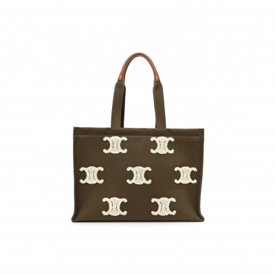 CELINE CANVAS CALFSKIN EMBROIDERED TRIOMPHE LARGE CABAS THAIS KHAKI TAN (41*29*17cm)