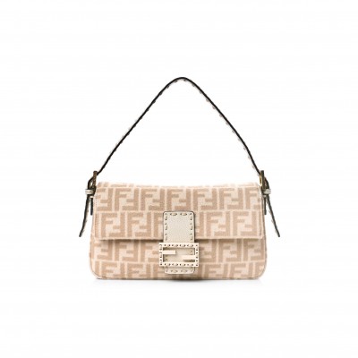 FENDI WOOL CUOIO ROMANO SELLERIA FF 1974 BAGUETTE 1997 BEIGE CAMMELLO CAMELIA (27*15*4cm)