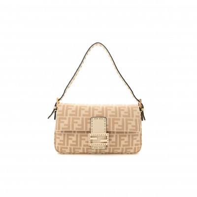 FENDI WOOL CUOIO ROMANO SELLERIA FF 1974 BAGUETTE 1997 BEIGE CAMMELLO CAMELIA (27*14*4cm)
