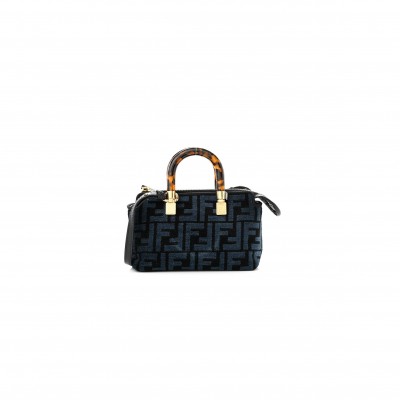 FENDI CHENILLE VITELLO KING PLEXIGLASS FF MINI BY THE WAY TOP HANDLE BOSTON BAG BLUE BLACK (17*11*8cm)