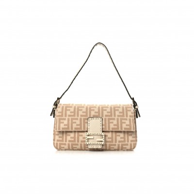 FENDI WOOL CUOIO ROMANO SELLERIA FF 1974 BAGUETTE 1997 BEIGE CAMMELLO CAMELIA (27*15*6cm)