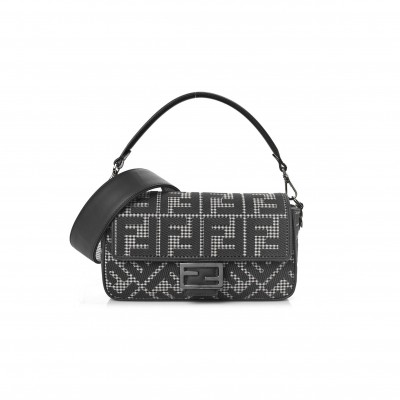 FENDI WOOL VITELLO KING HOUNDSTOOTH FF EMBROIDERED BAGUETTE GRIGIO ANTHRACITE (27*17*6cm)