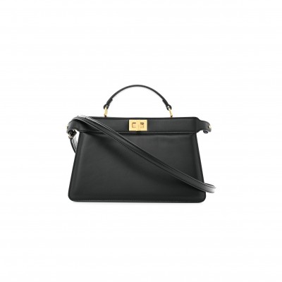 FENDI VITELLO KING LUXOR SHINY NAPPA MEDIUM PEEKABOO I SEE U EAST WEST SATCHEL BLACK LIGHT ROSE (29*18*11cm)