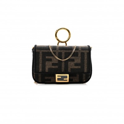 FENDI FABRIC JACQUARD FF 1974 NANO BAGUETTE CHARM TOBACCO MORO BLACK (10*6*3cm)