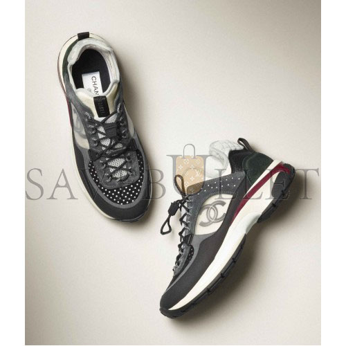 CHANEL SNEAKERS FABRIC, SUEDE CALFSKIN, MESH & FABRIC BLACK, DARK GRAY, WHITE & LIGHT GRAY G39488 Y56142 K4948 CHANEL SNEAKERS FABRIC, SUEDE CALFSKIN, MESH & FABRIC BLACK, DARK GRAY, WHITE & LIGHT GRAY G39488 Y56142 K4948