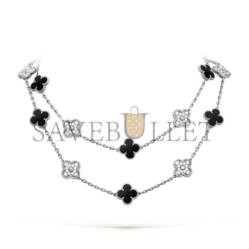 VAN CLEEF ARPELS VINTAGE ALHAMBRA LONG NECKLACE, 20 MOTIFS - WHITE GOLD, DIAMOND, ONYX VCARP2R800 VAN CLEEF ARPELS VINTAGE ALHAMBRA LONG NECKLACE, 20 MOTIFS - WHITE GOLD, DIAMOND, ONYX VCARP2R800