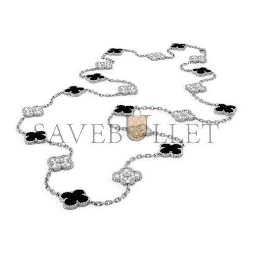 VAN CLEEF ARPELS VINTAGE ALHAMBRA LONG NECKLACE, 20 MOTIFS - WHITE GOLD, DIAMOND, ONYX VCARP2R800 VAN CLEEF ARPELS VINTAGE ALHAMBRA LONG NECKLACE, 20 MOTIFS - WHITE GOLD, DIAMOND, ONYX VCARP2R800