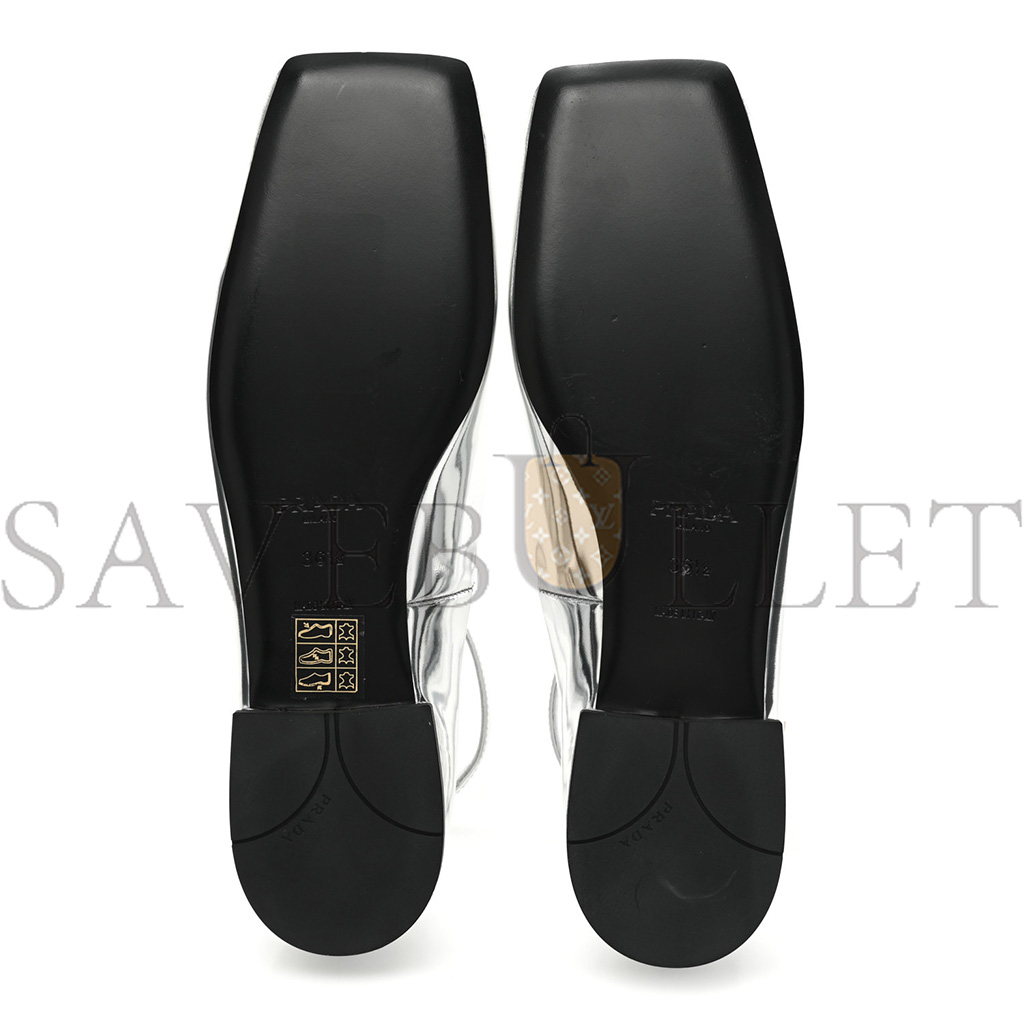 PRADA METALLIC CALFSKIN METAL TRIANGLE LOGO ANKLE STRAP BALLERINAS 36.5 SILVER PRADA METALLIC CALFSKIN METAL TRIANGLE LOGO ANKLE STRAP BALLERINAS 36.5 SILVER
