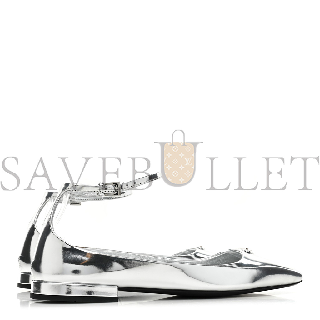 PRADA METALLIC CALFSKIN METAL TRIANGLE LOGO ANKLE STRAP BALLERINAS 36.5 SILVER PRADA METALLIC CALFSKIN METAL TRIANGLE LOGO ANKLE STRAP BALLERINAS 36.5 SILVER