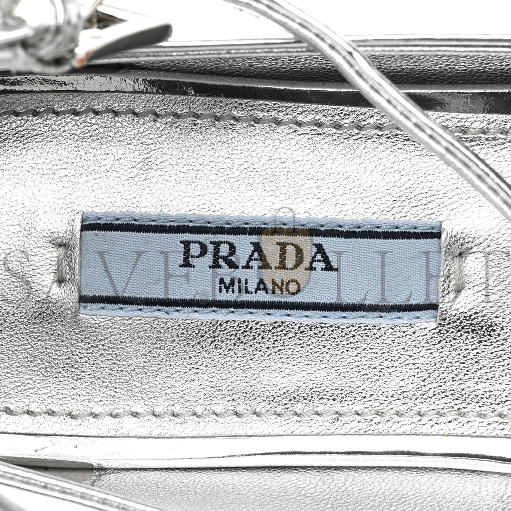 PRADA METALLIC CALFSKIN METAL TRIANGLE LOGO ANKLE STRAP BALLERINAS 36.5 SILVER PRADA METALLIC CALFSKIN METAL TRIANGLE LOGO ANKLE STRAP BALLERINAS 36.5 SILVER