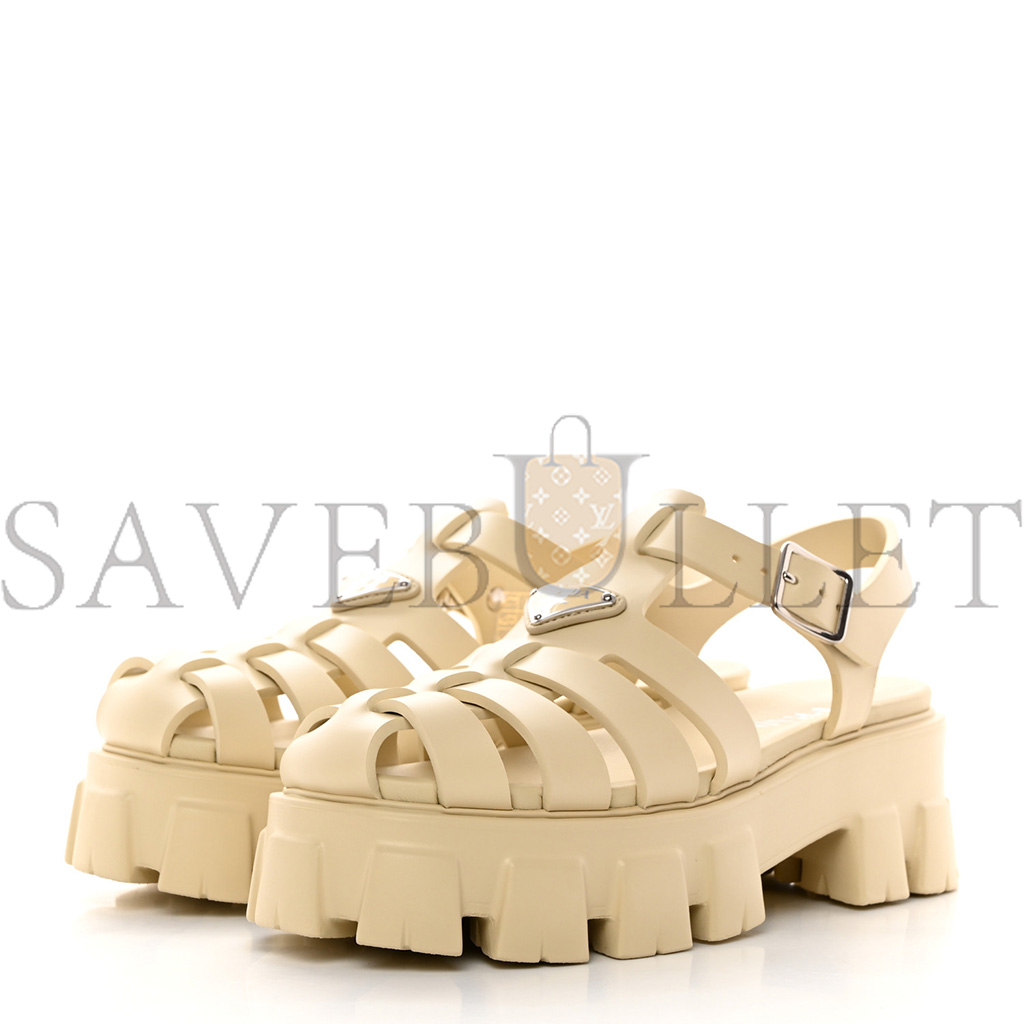 PRADA FOAM RUBBER METAL TRIANGLE LOGO MONOLITH 55MM CAGE SANDALS 41 QUARZO PRADA FOAM RUBBER METAL TRIANGLE LOGO MONOLITH 55MM CAGE SANDALS 41 QUARZO