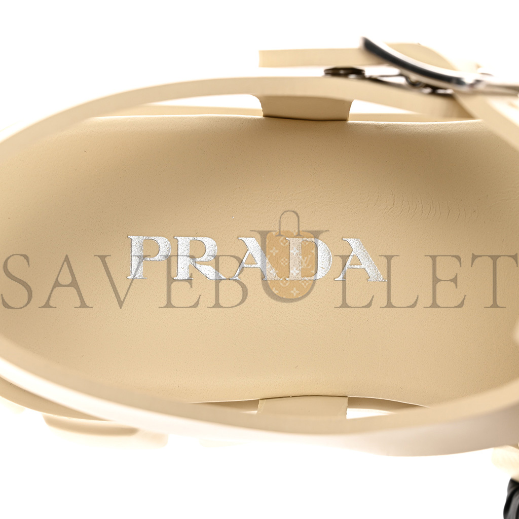 PRADA FOAM RUBBER METAL TRIANGLE LOGO MONOLITH 55MM CAGE SANDALS 41 QUARZO PRADA FOAM RUBBER METAL TRIANGLE LOGO MONOLITH 55MM CAGE SANDALS 41 QUARZO