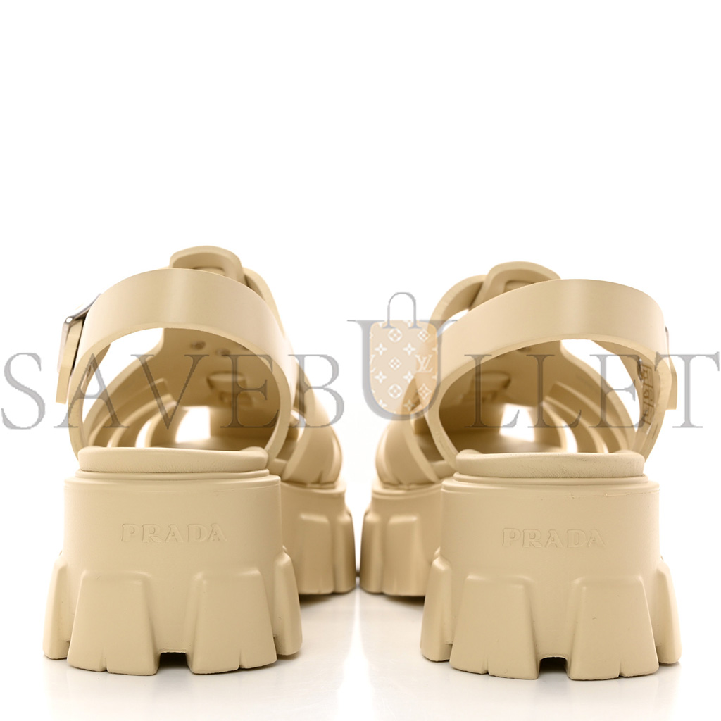 PRADA FOAM RUBBER METAL TRIANGLE LOGO MONOLITH 55MM CAGE SANDALS 41 QUARZO PRADA FOAM RUBBER METAL TRIANGLE LOGO MONOLITH 55MM CAGE SANDALS 41 QUARZO