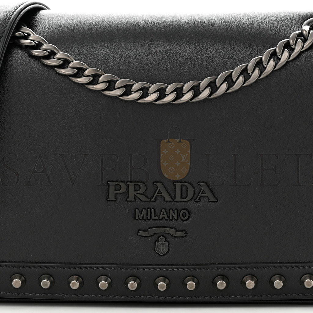 PRADA GLACE CALFSKIN STUDDED CROSSBODY BLACK (22*15*6cm) PRADA GLACE CALFSKIN STUDDED CROSSBODY BLACK (22*15*6cm)