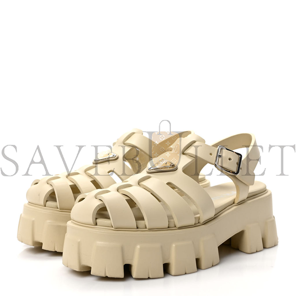 PRADA FOAM RUBBER METAL TRIANGLE LOGO MONOLITH 55MM CAGE SANDALS 39 QUARZO PRADA FOAM RUBBER METAL TRIANGLE LOGO MONOLITH 55MM CAGE SANDALS 39 QUARZO