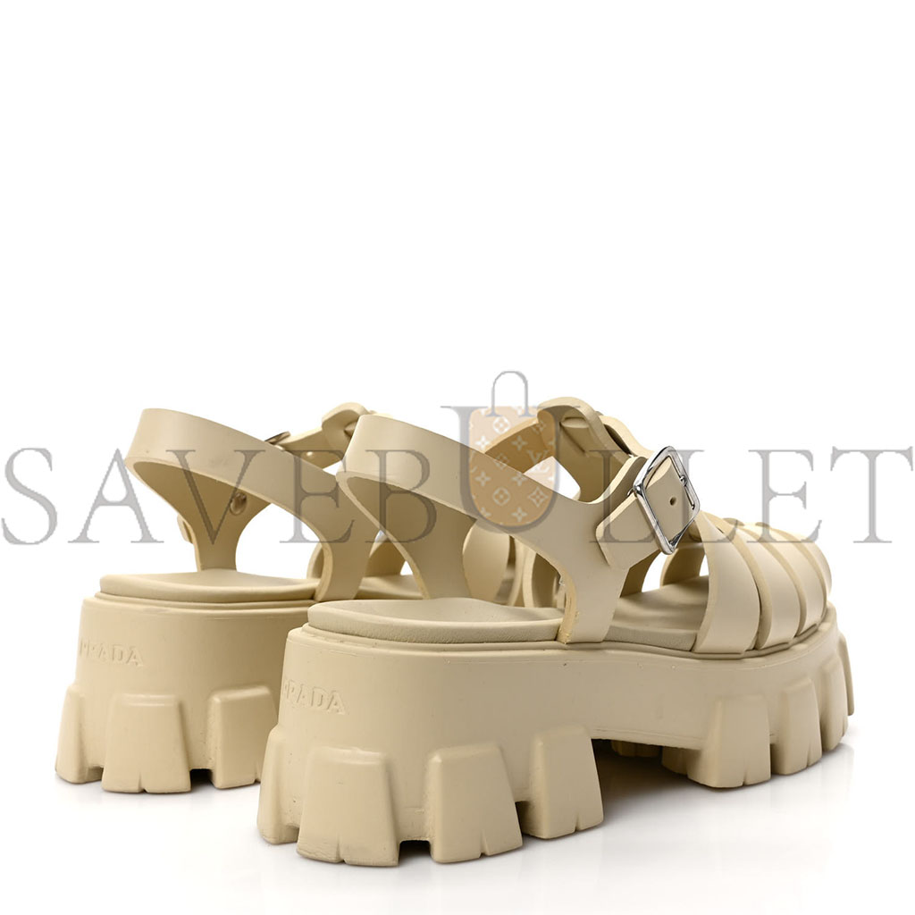 PRADA FOAM RUBBER METAL TRIANGLE LOGO MONOLITH 55MM CAGE SANDALS 39 QUARZO PRADA FOAM RUBBER METAL TRIANGLE LOGO MONOLITH 55MM CAGE SANDALS 39 QUARZO