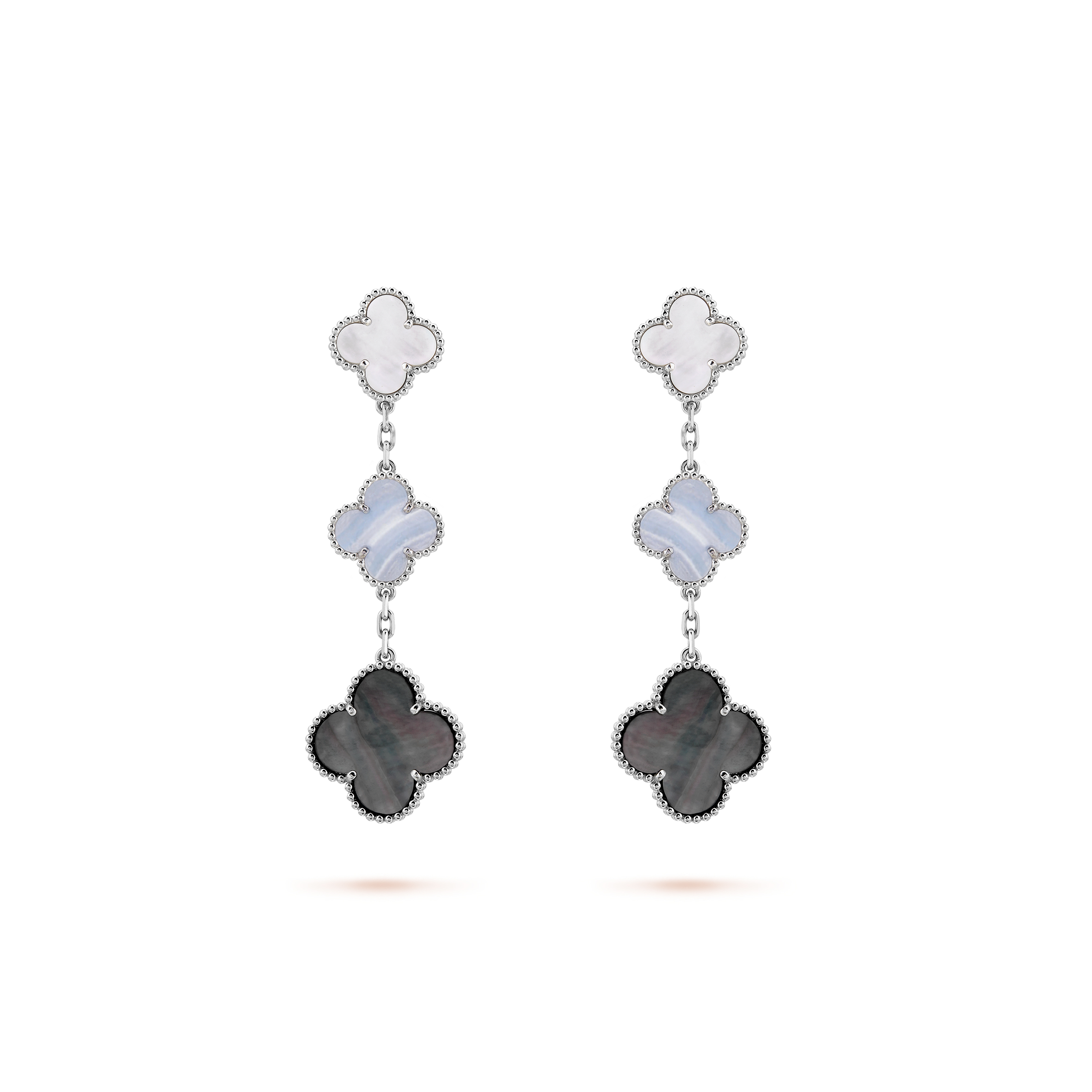 VAN CLEEF ARPELS MAGIC ALHAMBRA EARRINGS, 3 MOTIFS - WHITE GOLD, CHALCEDONY, MOTHER-OF-PEARL VCARN18800 VAN CLEEF ARPELS MAGIC ALHAMBRA EARRINGS, 3 MOTIFS - WHITE GOLD, CHALCEDONY, MOTHER-OF-PEARL VCARN18800