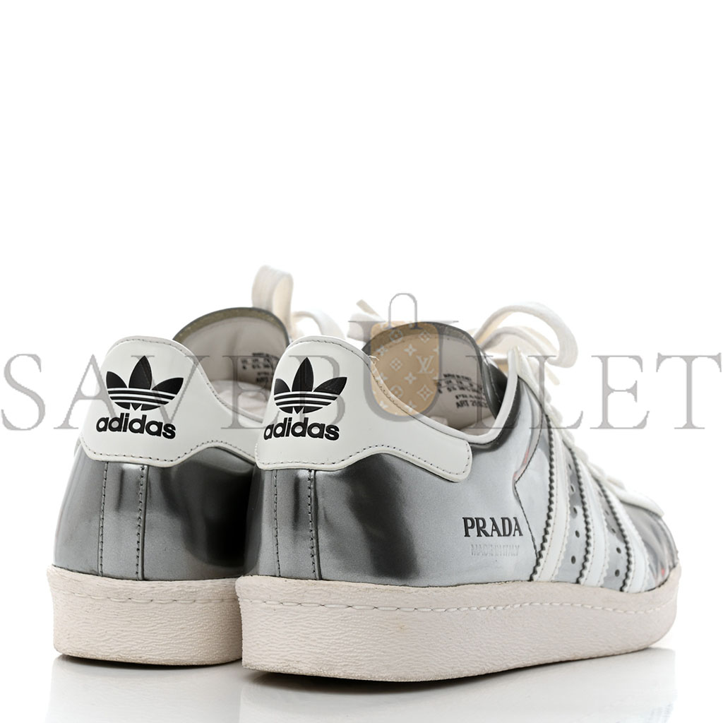 PRADA X ADIDAS BRUSHED CALFSKIN LOGO MENS SUPERSTAR SNEAKERS 6 SILVER WHITE PRADA X ADIDAS BRUSHED CALFSKIN LOGO MENS SUPERSTAR SNEAKERS 6 SILVER WHITE