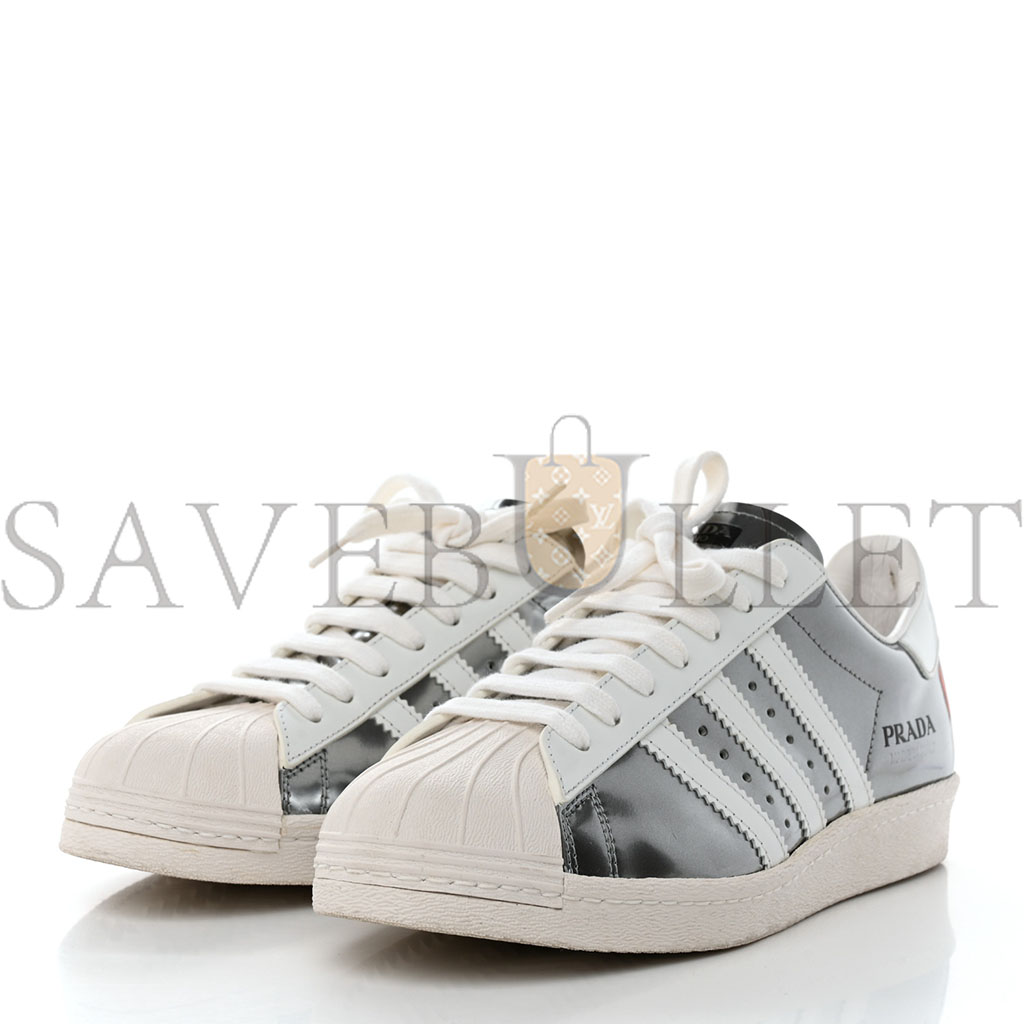 PRADA X ADIDAS BRUSHED CALFSKIN LOGO MENS SUPERSTAR SNEAKERS 6 SILVER WHITE PRADA X ADIDAS BRUSHED CALFSKIN LOGO MENS SUPERSTAR SNEAKERS 6 SILVER WHITE