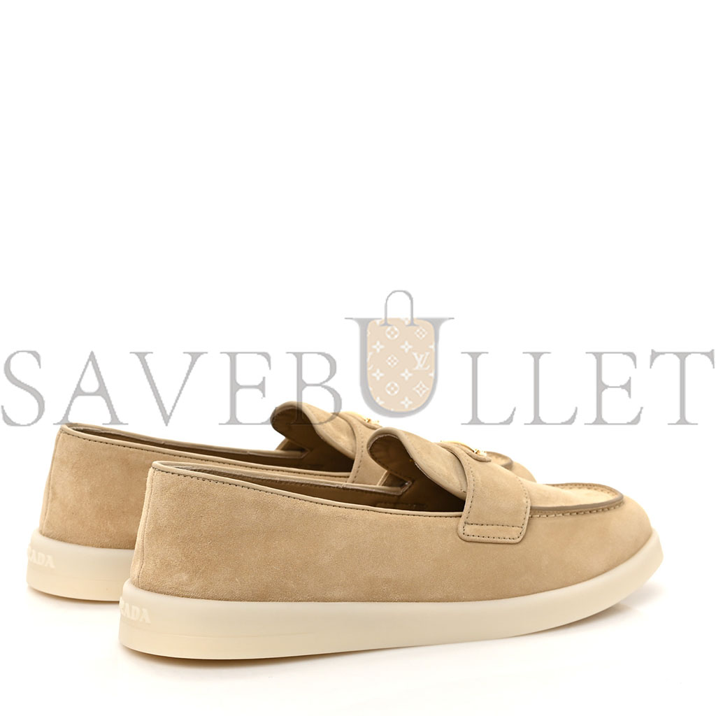 PRADA VITELLO SCAMOSCIATO METAL TRIANGLE LOGO SAINT TROPEZ 25MM LOAFERS 40 ECRU PRADA VITELLO SCAMOSCIATO METAL TRIANGLE LOGO SAINT TROPEZ 25MM LOAFERS 40 ECRU