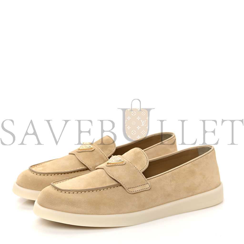 PRADA VITELLO SCAMOSCIATO METAL TRIANGLE LOGO SAINT TROPEZ 25MM LOAFERS 40 ECRU PRADA VITELLO SCAMOSCIATO METAL TRIANGLE LOGO SAINT TROPEZ 25MM LOAFERS 40 ECRU