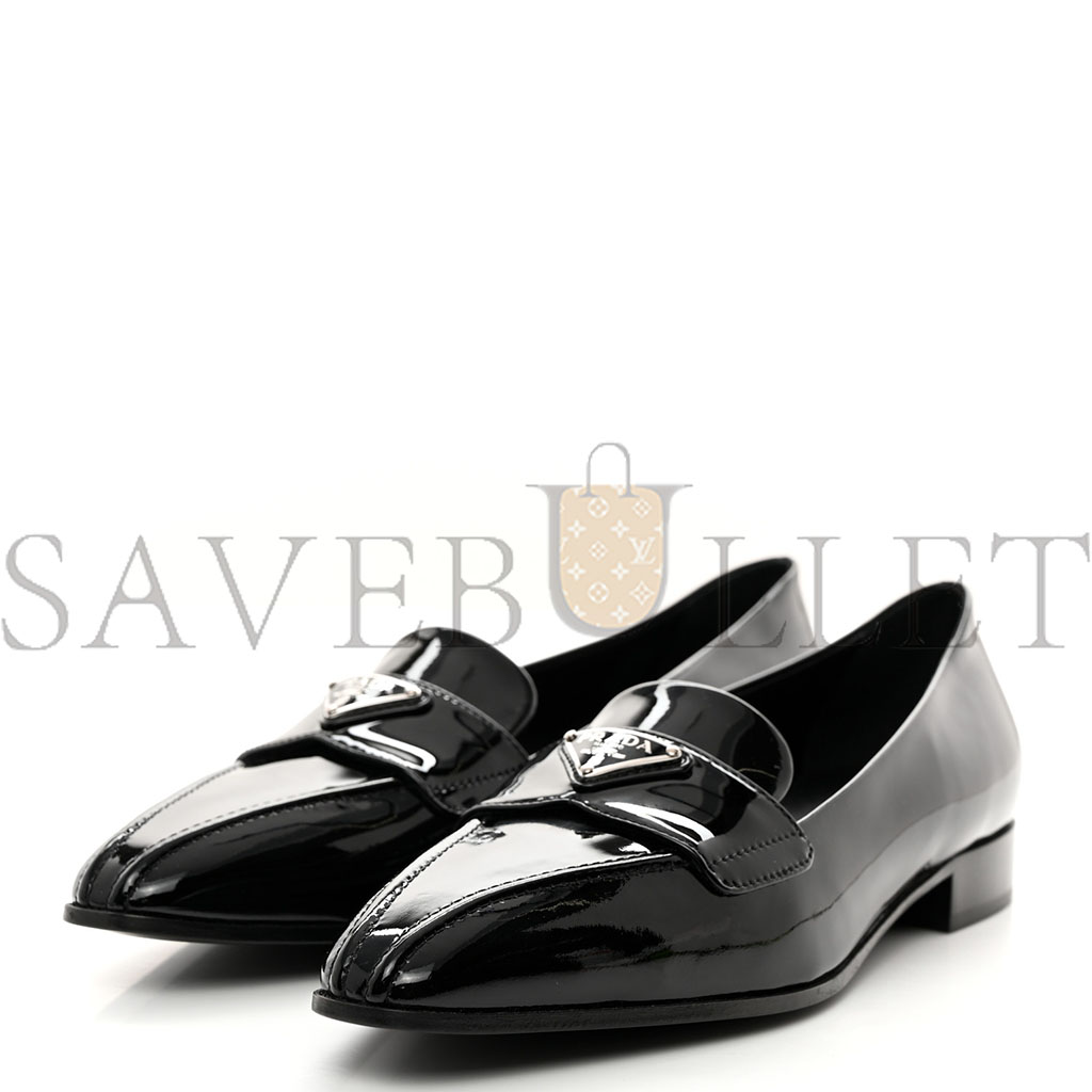 PRADA VERNICE METAL TRIANGLE LOGO POINTED TOE 25MM LOAFERS 37.5 BLACK PRADA VERNICE METAL TRIANGLE LOGO POINTED TOE 25MM LOAFERS 37.5 BLACK