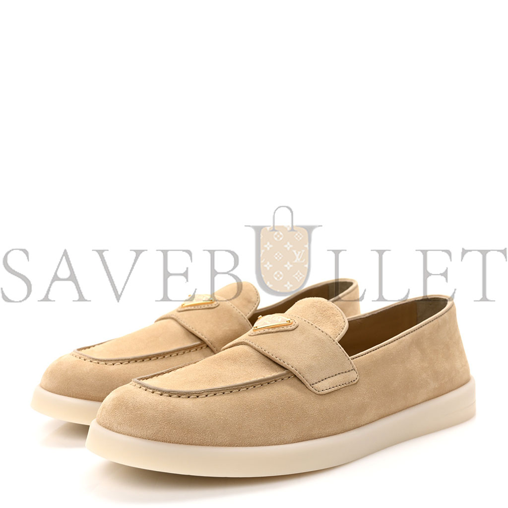 PRADA VITELLO SCAMOSCIATO METAL TRIANGLE LOGO SAINT TROPEZ 25MM LOAFERS 40 ECRU PRADA VITELLO SCAMOSCIATO METAL TRIANGLE LOGO SAINT TROPEZ 25MM LOAFERS 40 ECRU