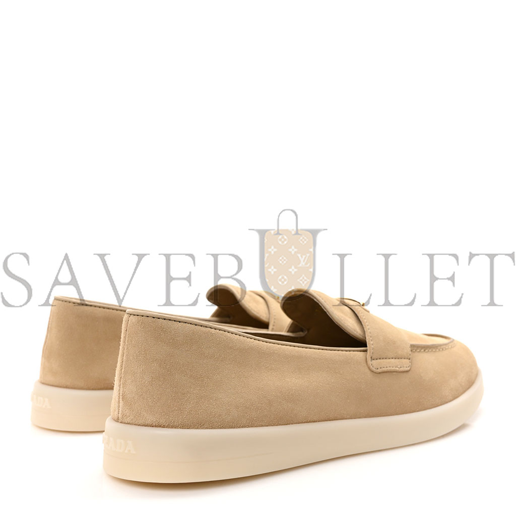 PRADA VITELLO SCAMOSCIATO METAL TRIANGLE LOGO SAINT TROPEZ 25MM LOAFERS 40 ECRU PRADA VITELLO SCAMOSCIATO METAL TRIANGLE LOGO SAINT TROPEZ 25MM LOAFERS 40 ECRU