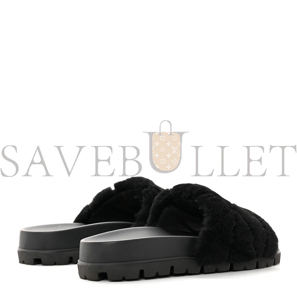PRADA SHEARLING METAL TRIANGLE LOGO LUG SOLE 20MM SLIDE SANDALS 41 BLACK PRADA SHEARLING METAL TRIANGLE LOGO LUG SOLE 20MM SLIDE SANDALS 41 BLACK