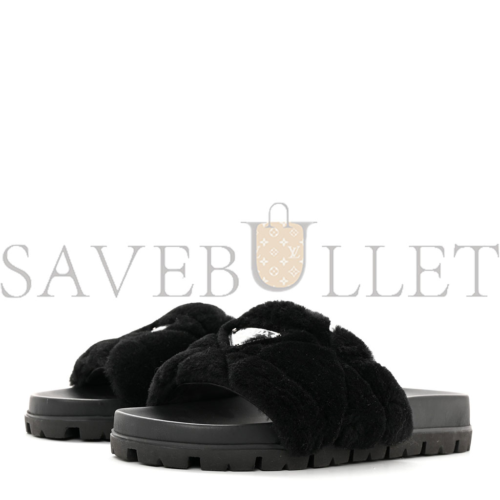 PRADA SHEARLING METAL TRIANGLE LOGO LUG SOLE 20MM SLIDE SANDALS 41 BLACK PRADA SHEARLING METAL TRIANGLE LOGO LUG SOLE 20MM SLIDE SANDALS 41 BLACK