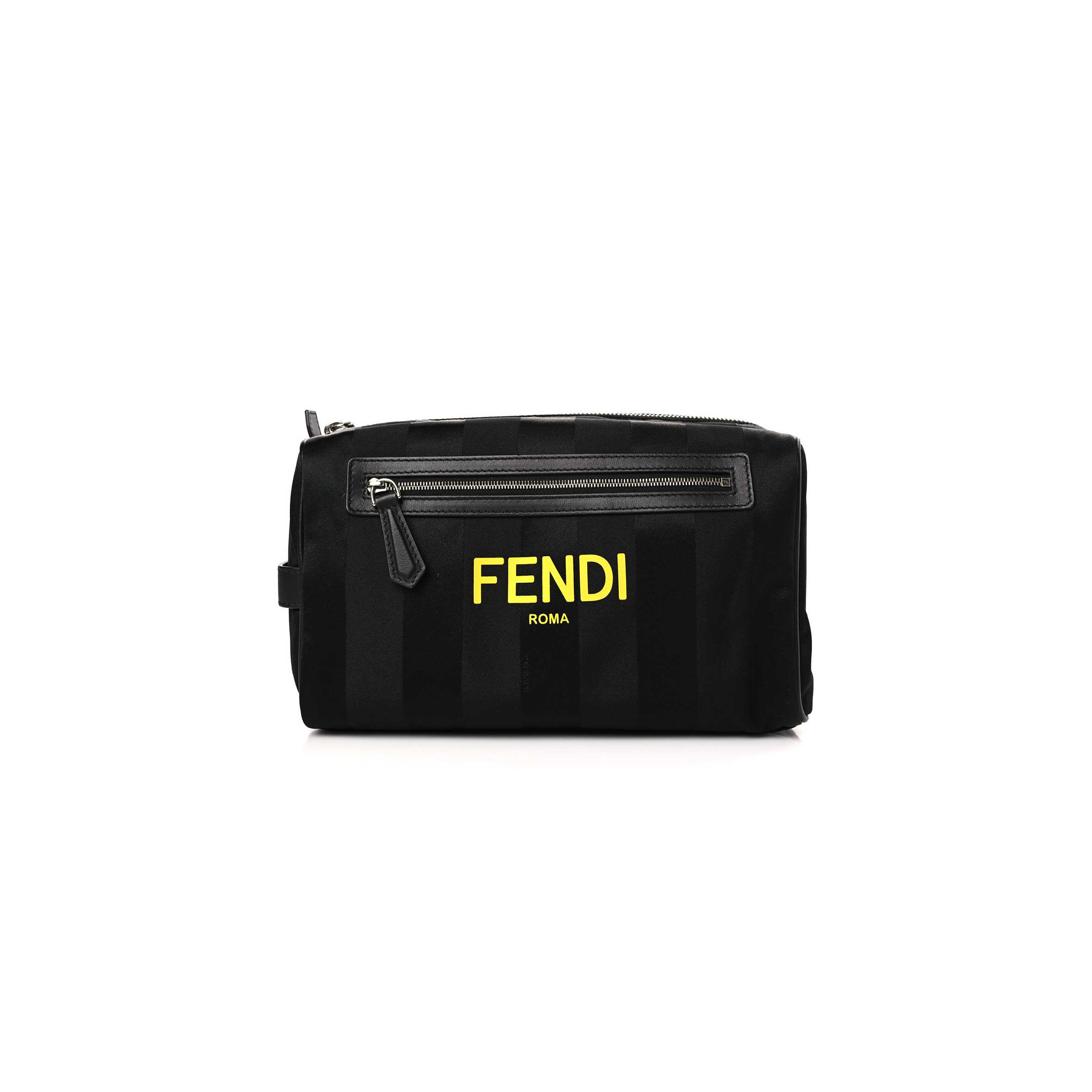 FENDI RECYCLED NYLON VITELLO GRACE LIGHT PEQUIN LOGO TRAVEL POUCH BLACK SUNFLOWER (25*13*11cm) FENDI RECYCLED NYLON VITELLO GRACE LIGHT PEQUIN LOGO TRAVEL POUCH BLACK SUNFLOWER (25*13*11cm)