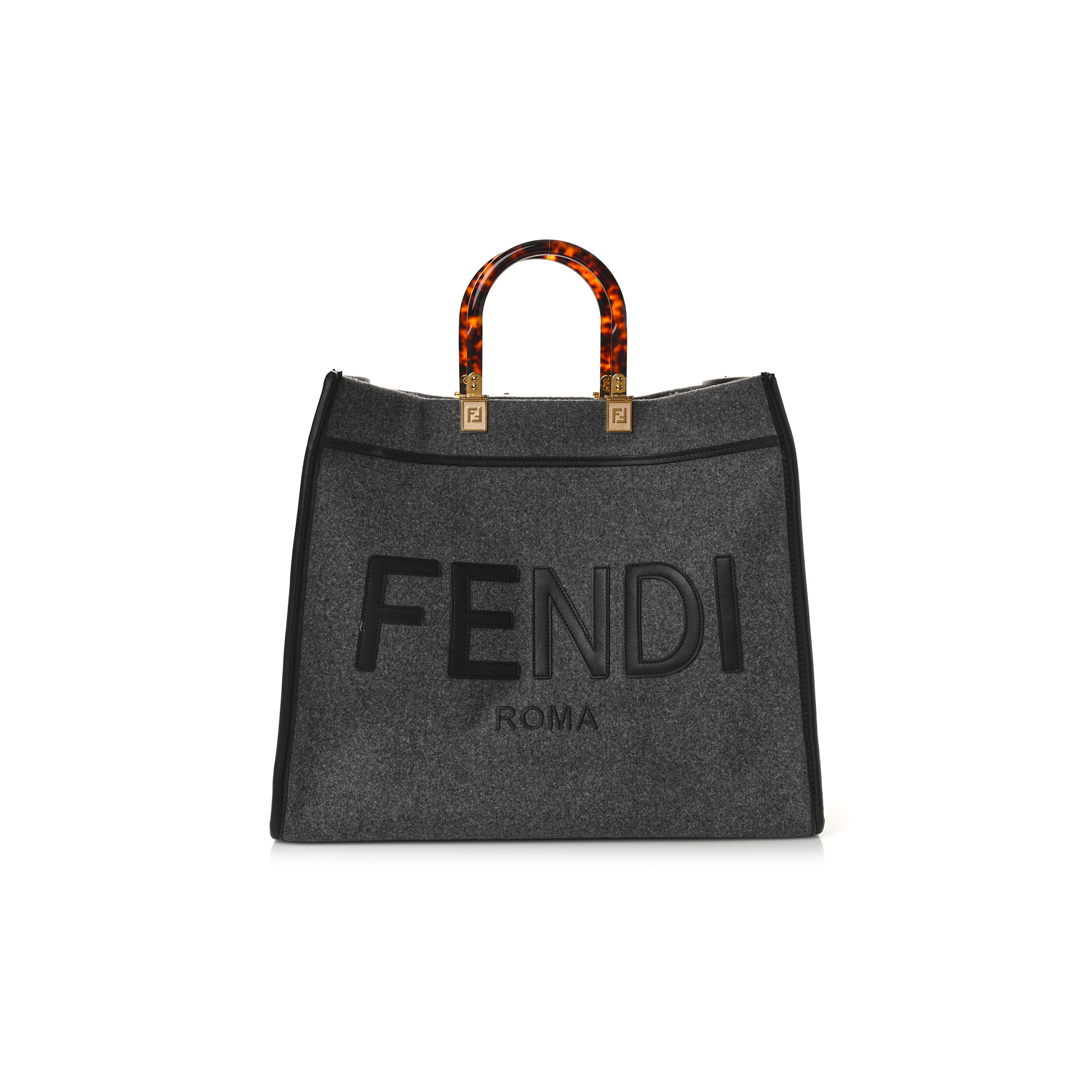 FENDI MELANGE FLANNEL PLEXIGLASS SATIN LOGO EMBROIDERED THREADED EDGE LARGE FENDI SUNSHINE SHOPPER TOTE GRIGIO BLACK (40*34*20cm) FENDI MELANGE FLANNEL PLEXIGLASS SATIN LOGO EMBROIDERED THREADED EDGE LARGE FENDI SUNSHINE SHOPPER TOTE GRIGIO BLACK (40*34*20cm)