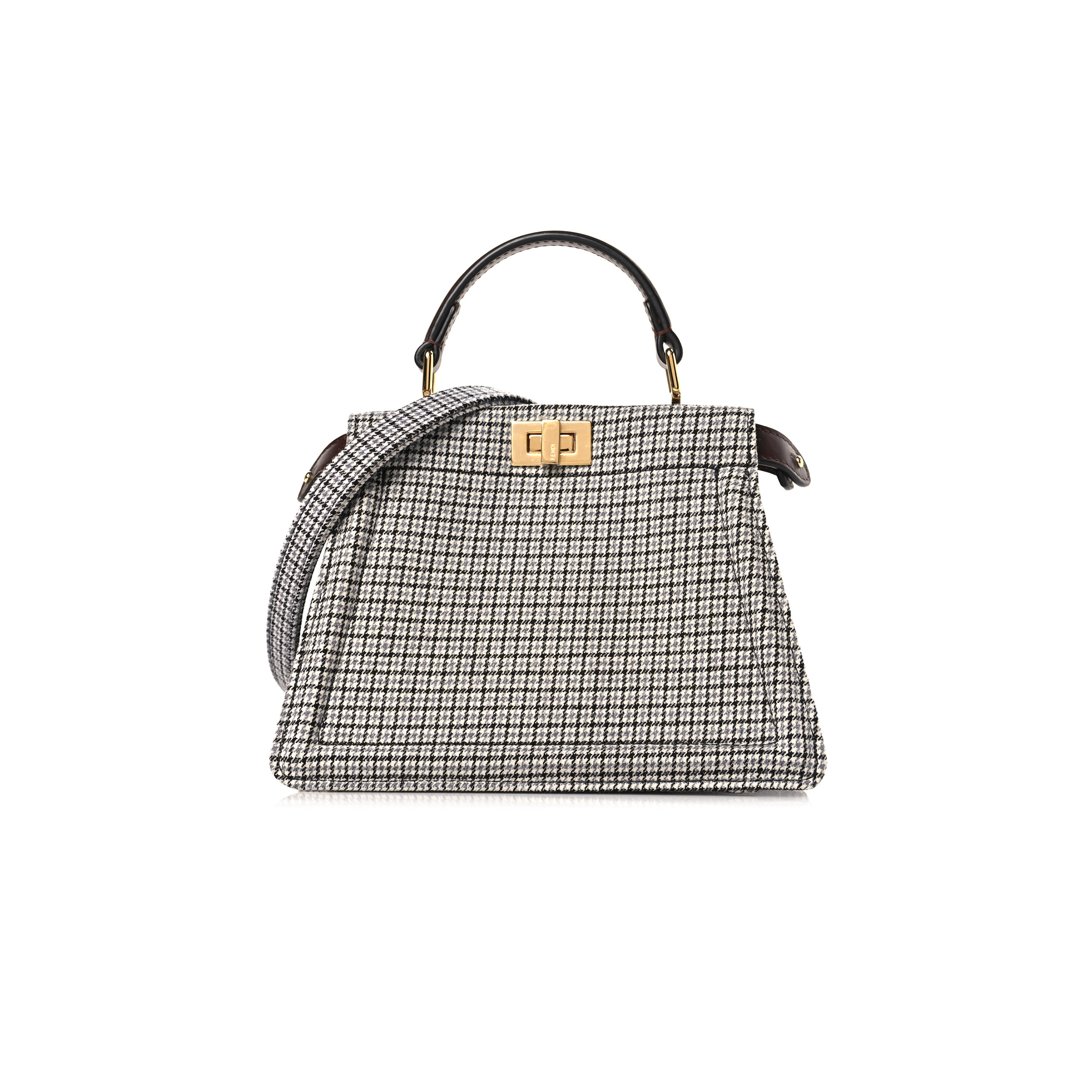 FENDI WOOL FABRIC JACQUARD CUOIO SMALL HOUNDSTOOTH FF 1974 PETITE PEEKABOO I SEE U SATCHEL GRIGIO ANTHRACITE (20*15*11cm) FENDI WOOL FABRIC JACQUARD CUOIO SMALL HOUNDSTOOTH FF 1974 PETITE PEEKABOO I SEE U SATCHEL GRIGIO ANTHRACITE (20*15*11cm)