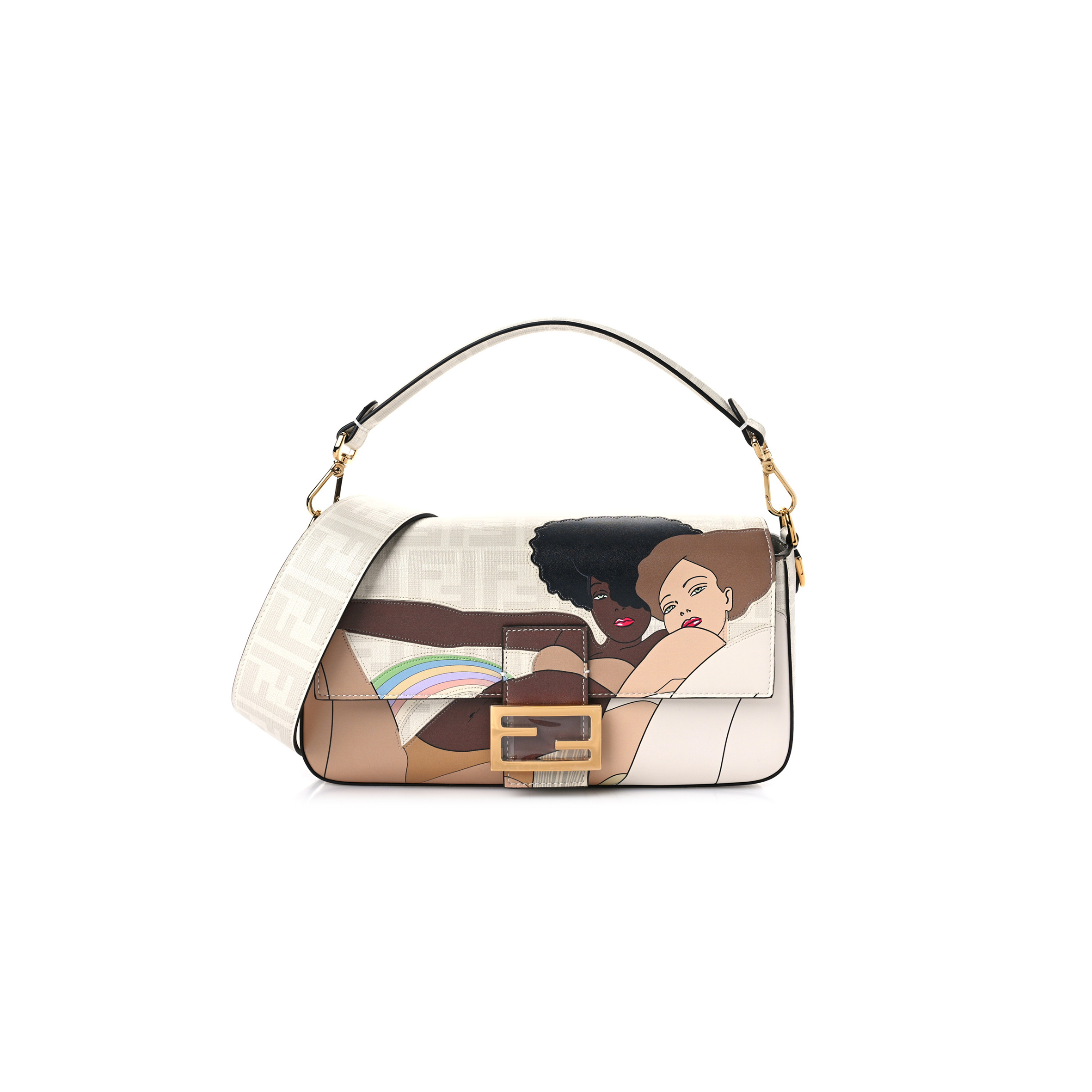 FENDI GLAZED FABRIC FF BIKINI GIRLS INLAY BAGUETTE BIANCO PERLA MULTICOLOR (27*15*6cm) FENDI GLAZED FABRIC FF BIKINI GIRLS INLAY BAGUETTE BIANCO PERLA MULTICOLOR (27*15*6cm)